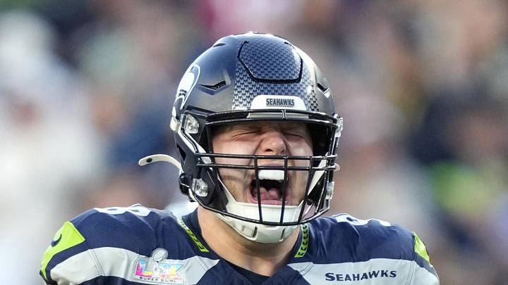 Seattle Seahawks defensive tackle Rylie Mills reacts after sacking New England Patriots' Drake Maye