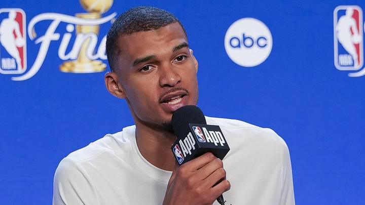 San Antonio Spurs center Victor Wembanyama (1) speaks with the media after the game between the Spurs and the Knicks in game two of the 2026 NBA Finals at Frost Bank Center on June 5, 2026.