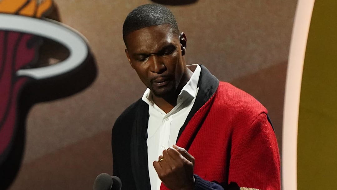 Sep 11, 2021; Springfield, MA, USA; Class of 2021 inductee Chris Bosh speaks during the Naismith Memorial Basketball Hall of Fame Enshrinement at MassMutual Center. Mandatory Credit: David Butler II-Imagn Images