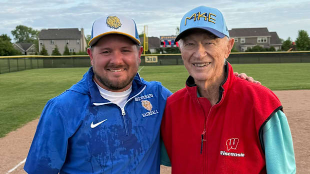 Wisconsin high school baseball news: Mukwonago head coach Ben Miller (left) poses with former coach Don Enright.