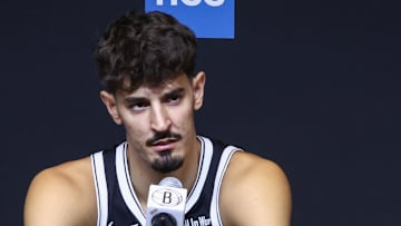 Sep 23, 2025; Brooklyn, NY, USA;  Brooklyn Nets guards Ben Saraf (77) and Kobe Bufkin (44) speak at Media Day. Mandatory Credit: Wendell Cruz-Imagn Images