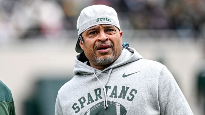 Michigan State's wide receivers coach Courtney Hawkins, left, and cornerbacks coach Demetrice Martin look on during the Spring Showcase on Saturday, April 20, 2024, at Spartan Stadium in East Lansing.