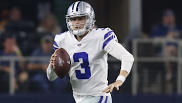 Aug 24, 2019; Arlington, TX, USA; Dallas Cowboys quarterback Mike White (3) scrambles in the third quarter against the Houston Texans at AT&T Stadium.