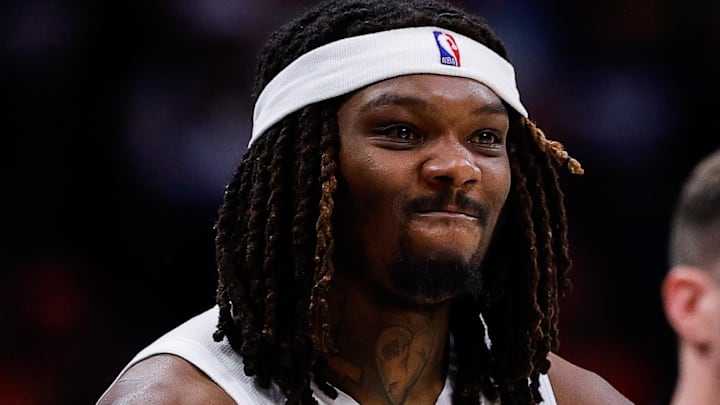 Apr 6, 2026; Denver, Colorado, USA; Portland Trail Blazers center Robert Williams III (35) reacts from the sideline in the third quarter against the Denver Nuggets at Ball Arena. Mandatory Credit: Isaiah J. Downing-Imagn Images