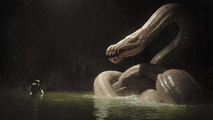 The Mandalorian (Pedro Pascal) and Dragonsnake in Lucasfilm’s THE MANDALORIAN AND GROGU. Photo courtesy of Lucasfilm. © 2026 Lucasfilm Ltd™. All Rights Reserved.