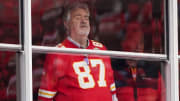 Kansas City Chiefs tight end Travis Kelce's (87) father Ed watches warm ups against the Las Vegas Raiders prior to a game at GEHA Field at Arrowhead Stadium.