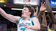Nov 19, 2025; Indianapolis, Indiana, USA; Charlotte Hornets guard Kon Knueppel (7) shoots the ball while  Indiana Pacers forward Pascal Siakam (43) defends in the first half at Gainbridge Fieldhouse. Mandatory Credit: Trevor Ruszkowski-Imagn Images