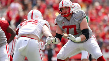 Offensive lineman Gunnar Gottula in action during the 2024 Nebraska football spring game.