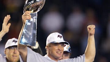 Tampa Bay Buccaneers head coach Jon Gruden holds up the Vince Lombardi Trophy after winning Super Bowl XXXVIII against the Oakland Raiders at Qualcomm Stadium in San Diego, CA on Jan. 26, 2003.

Xxx Axx Letfeat 29 S Fbn Ca