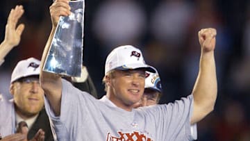 Tampa Bay Buccaneers head coach Jon Gruden holds up the Vince Lombardi Trophy after winning Super Bowl XXXVIII against the Oakland Raiders at Qualcomm Stadium in San Diego, CA on Jan. 26, 2003.

Xxx Axx Letfeat 29 S Fbn Ca