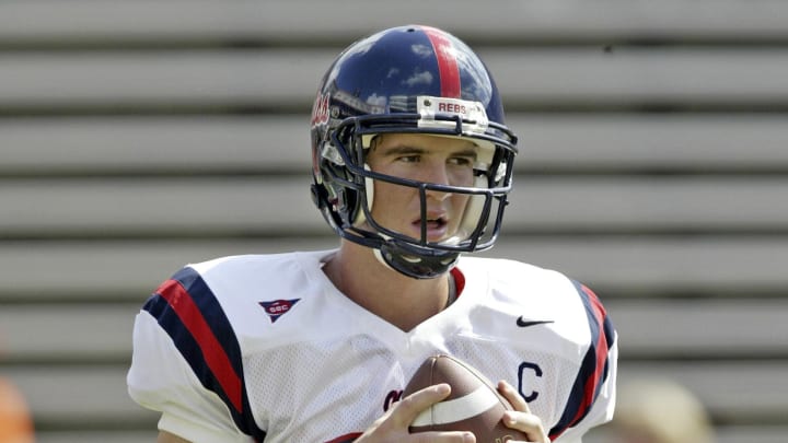 Oct 4, 2003; Gainesville, FL, USA: FILE PHOTO; Ole Miss Rebels quarterback (10) Eli Manning in action against the Florida Gators at Ben Hill Griffin Stadium. Mandatory Credit: Photo by Paul Chapman-USA TODAY Sports