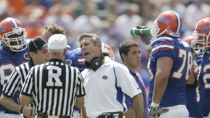 Sep 25, 2004; Gainesville, FL, USA; Florida Gators head coach Ron Zook argues with officials during the 2nd half at Ben Hill Griffin Stadium. The Florida Gators win 20-3 over Kentucky Wildcats.

Mandatory Credit: Photo By Jason Parkhurst-USA TODAY Sports
Copyright (c) 2004 Jason Parkhurst