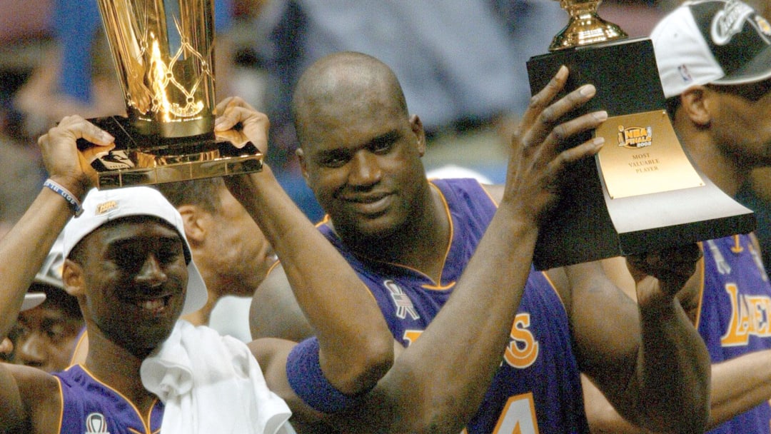 June 12, 2002; East Rutherford, NJ, USA; (left to right) Los Angeles Lakers Kobe Bryant and Shaquille O'Neal hold trophies after winning the championship in Game 4 of the NBA Finals at The Meadowlands. Mandatory Credit: Robert Deutsch-Imagn Images June 12, 2002; East Rutherford, NJ, USA; (left to right) Los Angeles Lakers Kobe Bryant and Shaquille O'Neal hold trophies after winning the championship in Game 4 of the NBA Finals at The Meadowlands. Mandatory Credit: Robert Deutsch-Imagn Images