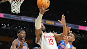 Houston's J'Wan Roberts (13) goes for a rebound in the NCAA Tournament championship game against Florida on April 7, 2025.