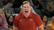 Nov 25, 2025; Las Vegas, Nevada, USA; Iowa State Cyclones head coach T.J. Otzelberger reacts during the second half in a 2025 Players Era Festival group play game against the Creighton Bluejays at Michelob Ultra Arena. 