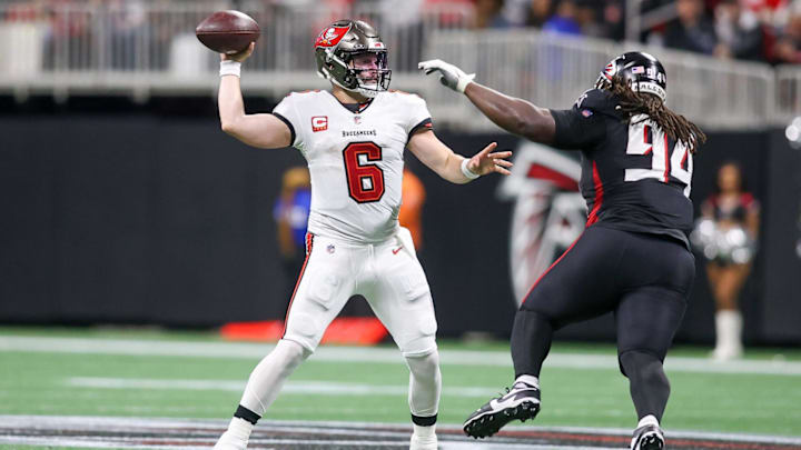 Dec 10, 2023; Atlanta, Georgia, USA; Tampa Bay Buccaneers quarterback Baker Mayfield (6) throws a pass against the Atlanta Falcons in the second half at Mercedes-Benz Stadium. Mandatory Credit: Brett Davis-Imagn Images
