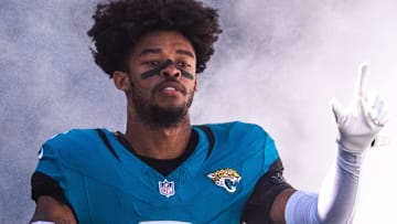 Jacksonville Jaguars cornerback Greg Newsome II (6) enters the field during Salute to Service before the start of an NFL football game at EverBank Stadium, Sunday, November 16, 2025, in Jacksonville, Fla. [Doug Engle/Florida Times-Union]