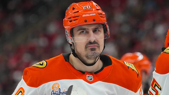 Jan 8, 2026; Raleigh, North Carolina, USA;  Anaheim Ducks left wing Chris Kreider (20) looks on against the Carolina Hurricanes during the third period at Lenovo Center. Mandatory Credit: James Guillory-Imagn Images
