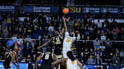 Tre'Von Spillers takes the jump ball Wednesday night in exhibition at ETSU