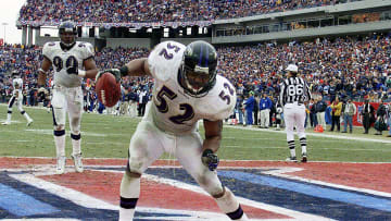 Baltimore Ravens linebacker Ray Lewis celebrates after returning an interception for a touchdown