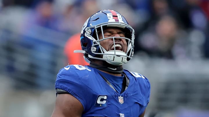 Dec 31, 2023; East Rutherford, New Jersey, USA; New York Giants linebacker Bobby Okereke (58) celebrates his sack against the Los Angeles Rams during the second quarter at MetLife Stadium.  