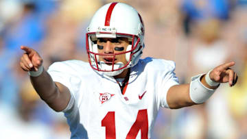 Oct 18, 2008; Pasadena, CA, USA; Stanford Cardinal quarterback Tavita Pritchard (14) calls an audible during 23-20 loss to the UCLA Bruins at the Rose Bowl.  Mandatory Credit: Kirby Lee/Image of Sport-Imagn Images