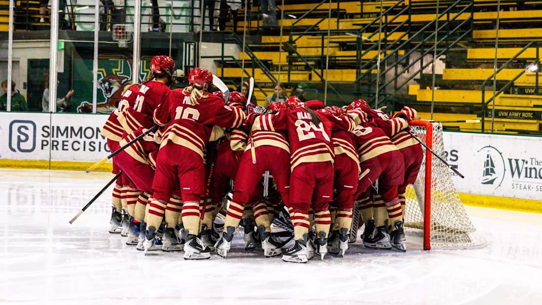 Boston College players huddle up before January 10th game against Holy Cross