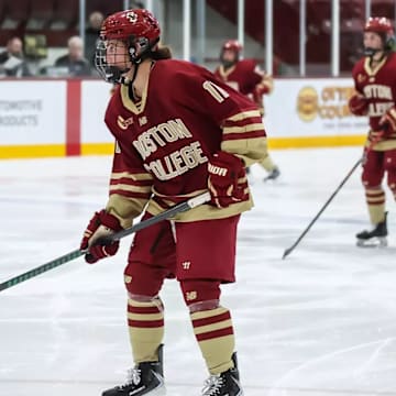 Ava Thomas during a Hockey East game at Providence, where the freshman's two goals lifted the Eagles to victory.