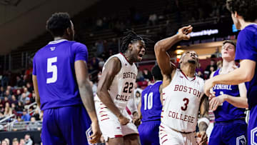 BC senior guard, Roger McFarlane (3), and redshirt freshman forward Jayden Hastings (22), during Sunday afternoons game against Stonehill at Conte Forum in Chestnut Hill, Mass. Mandatory Credit: Eddie Shabomardenly / Creative Graphic Designer BC -Athletics