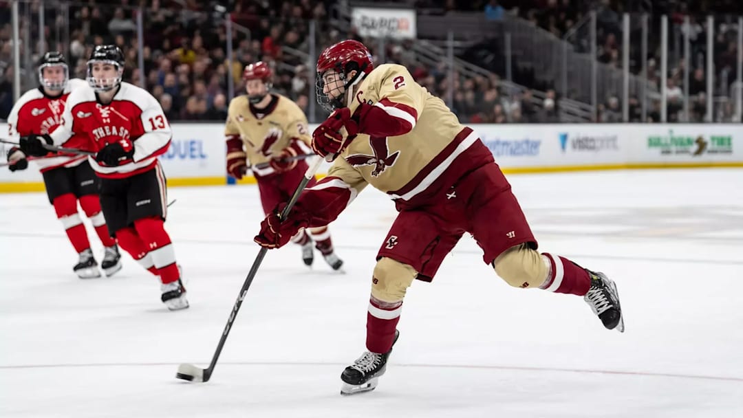 Graduate senior, Eamon Powell (2), during Monday night's emphatic victory against the Northeastern Huskies in BC's opening game of the 72nd annual Dunkin' Beanpot from TD Garden in Boston, MA. Mandatory credit: Meg Kelly / BC Athletics Graduate senior, Eamon Powell (2), during Monday night's emphatic victory against the Northeastern Huskies in BC's opening game of the 72nd annual Dunkin' Beanpot from TD Garden in Boston, MA. Mandatory credit: Meg Kelly / BC Athletics