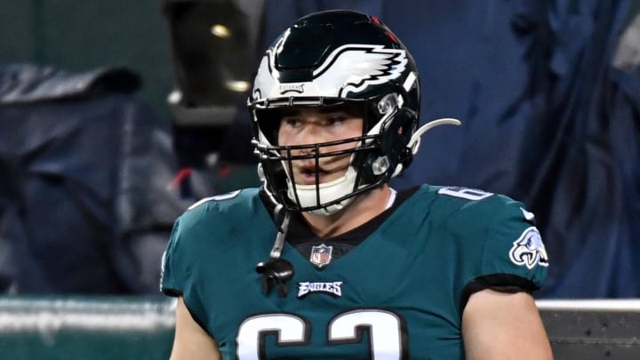 Philadelphia Eagles offensive tackle Jack Driscoll (63) during warmups against the Seattle Seahawks at Lincoln Financial Field in 2020.