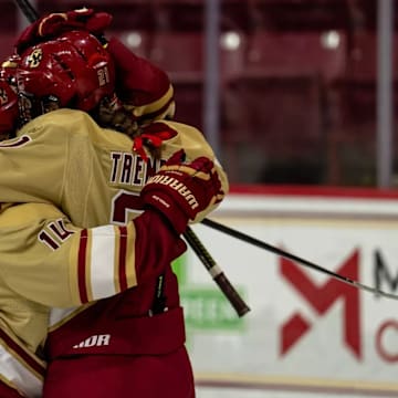 Boston College celebrate a goal in win over No. 8 UConn
