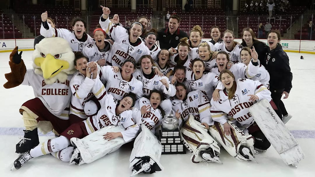 Boston College celebrate after capturing the 2018 Beanpot, the last time the Eagles captured the trophy.