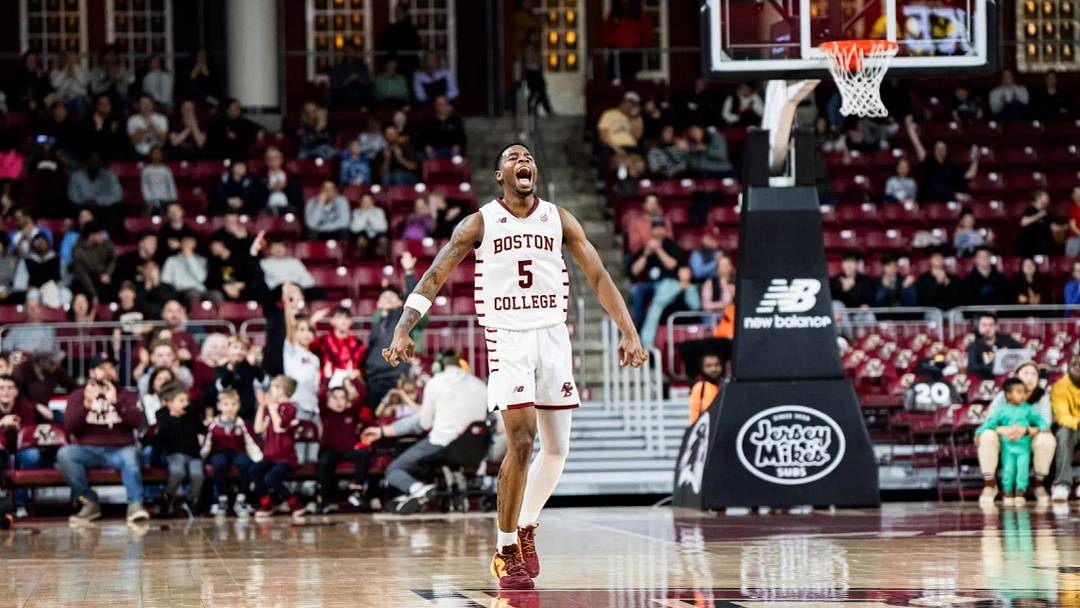 Sophomore guard, Fred Payne (5) celebrates a 19-point comeback against the Miami Hurricanes on Wednesday from Conte Forum. Mandatory Credit: Eddie Shabomardenly / Boston College Athletics Sophomore guard, Fred Payne (5) celebrates a 19-point comeback against the Miami Hurricanes on Wednesday from Conte Forum. Mandatory Credit: Eddie Shabomardenly / Boston College Athletics