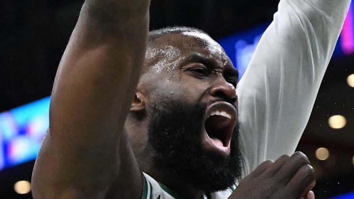 Mar 16, 2026; Boston, Massachusetts, USA; Boston Celtics guard Jaylen Brown (7) collides with Phoenix Suns center Khaman Maluach (10) during the second half at the TD Garden. Mandatory Credit: Brian Fluharty-Imagn Images
