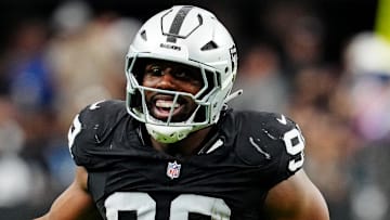 Oct 12, 2025; Paradise, Nevada, USA; Las Vegas Raiders defensive tackle Thomas Booker (99) reacts after a play during the second half against the Tennessee Titans at Allegiant Stadium. Mandatory Credit: Stephen R. Sylvanie-Imagn Images