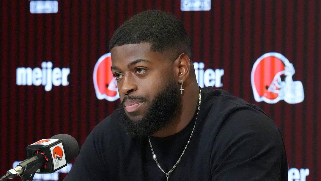 Cleveland Browns Jared Verse talks to the media after taking part in OTAs at CrossCountry Mortgage Campus of the Cleveland Browns in Berea, Ohio on June 2, 2026.