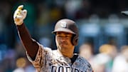 Apr 13, 2025; San Diego, California, USA; San Diego Padres second baseman Jose Iglesias (7) celebrates after hitting a double during the fourth inning against the Colorado Rockies at Petco Park. Mandatory Credit: David Frerker-Imagn Images