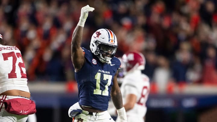Auburn Tigers linebacker Xavier Atkins (17) celebrates his sack as Auburn Tigers take on Alabama Crimson Tide in the Iron Bowl at Jordan-Hare Stadium in Auburn, Ala. on Saturday, Nov. 29, 2025. Alabama Crimson Tide defeated Auburn Tigers 27-20.