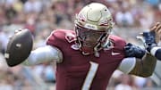 Sep 6, 2025; Tallahassee, Florida, USA; Florida State Seminoles quarterback Tommy Castellanos (1) runs the ball during the first half against the East Texas A&M Lions at Doak S. Campbell Stadium. Mandatory Credit: Melina Myers-Imagn Images