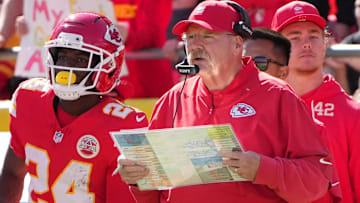 Oct 19, 2025; Kansas City, Missouri, USA; Kansas City Chiefs head coach Andy Reid looks on during the second quarter of the game against the Las Vegas Raiders at GEHA Field at Arrowhead Stadium.