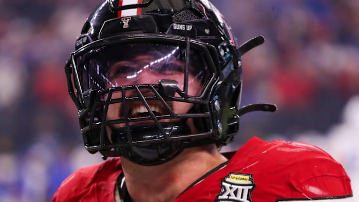 Texas Tech's Jacob Rodriguez celebrates a BYU turnover during the Big 12 Conference championship football game, Saturday, Nov. 6, 2025, at AT&T Stadium in Arlington.