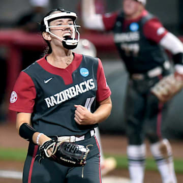 Arkansas pitcher Robyn Herron celebrates getting an out against Southeast Missouri State in the Razorbacks' opening game of the Fayetteville Regional at Bogle Park on Friday, May 17, 2024.