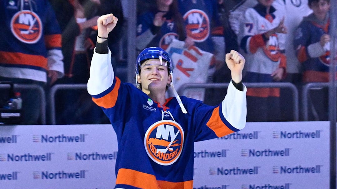 Mar 1, 2026; Elmont, New York, USA; New York Islanders defenseman Matthew Schaefer (48) celebrates with the crowd after the victory over the Florida Panthers during the third period at UBS Arena. Mandatory Credit: Dennis Schneidler-Imagn Images