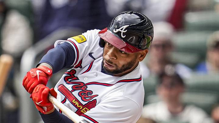 Mar 29, 2026; Cumberland, Georgia, USA; Atlanta Braves outfielder Dominic Smith (8) singles against the Kansas City Royals during the fifth inning at Truist Park. Mandatory Credit: Dale Zanine-Imagn Images