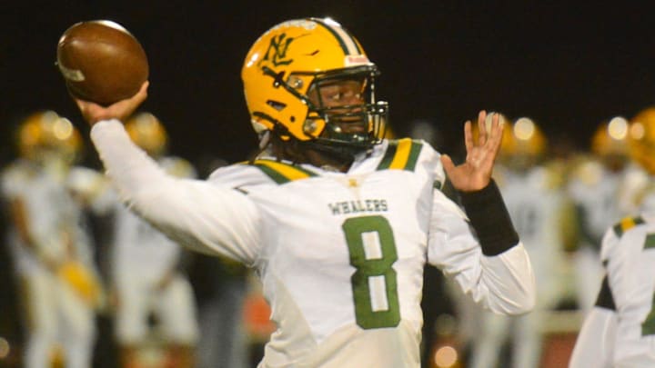 New London quarterback Jack Philistin throws a pass against Killingly earlier this season. The Whalers will meet Daniel Hand in the Class M quarterfinals on Tuesday.