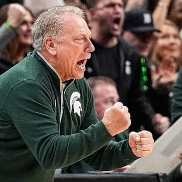 Michigan State head coach Tom Izzo celebrates a play against Auburn during the first half of the Elite Eight round of NCAA tournament at State Farm Arena in Atlanta, Ga. on Sunday, March 30, 2025.