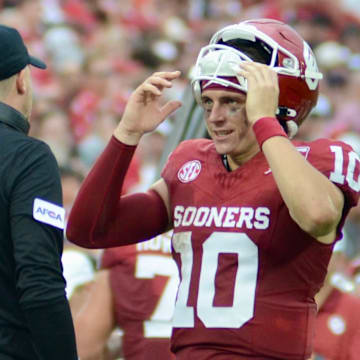 Oklahoma quarterback John Mateer, offensive coordinator Ben Arbuckle