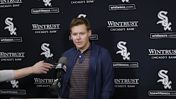 Chicago White Sox general manager Chris Getz speaks before a baseball game between the Chicago White Sox and Tampa Bay Rays at Guaranteed Rate Field. Mandatory Credit: Kamil Krzaczynski-Imagn Images