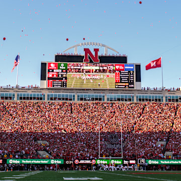 Red balloons fly after the Huskers' first scoring drive of the game for the first time since 2022. 